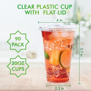 Lilymicky [90 Sets] 20oz Clear Plastic Cups With Flat Lids, Disposable Drinking Cups, 20 oz Plastic Cups for Ice Coffee, Smoothie, Slurpee, or Any Cold Drinks