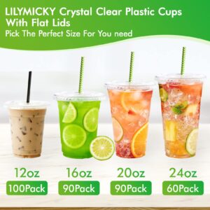 Lilymicky [90 Sets] 20oz Clear Plastic Cups With Flat Lids, Disposable Drinking Cups, 20 oz Plastic Cups for Ice Coffee, Smoothie, Slurpee, or Any Cold Drinks