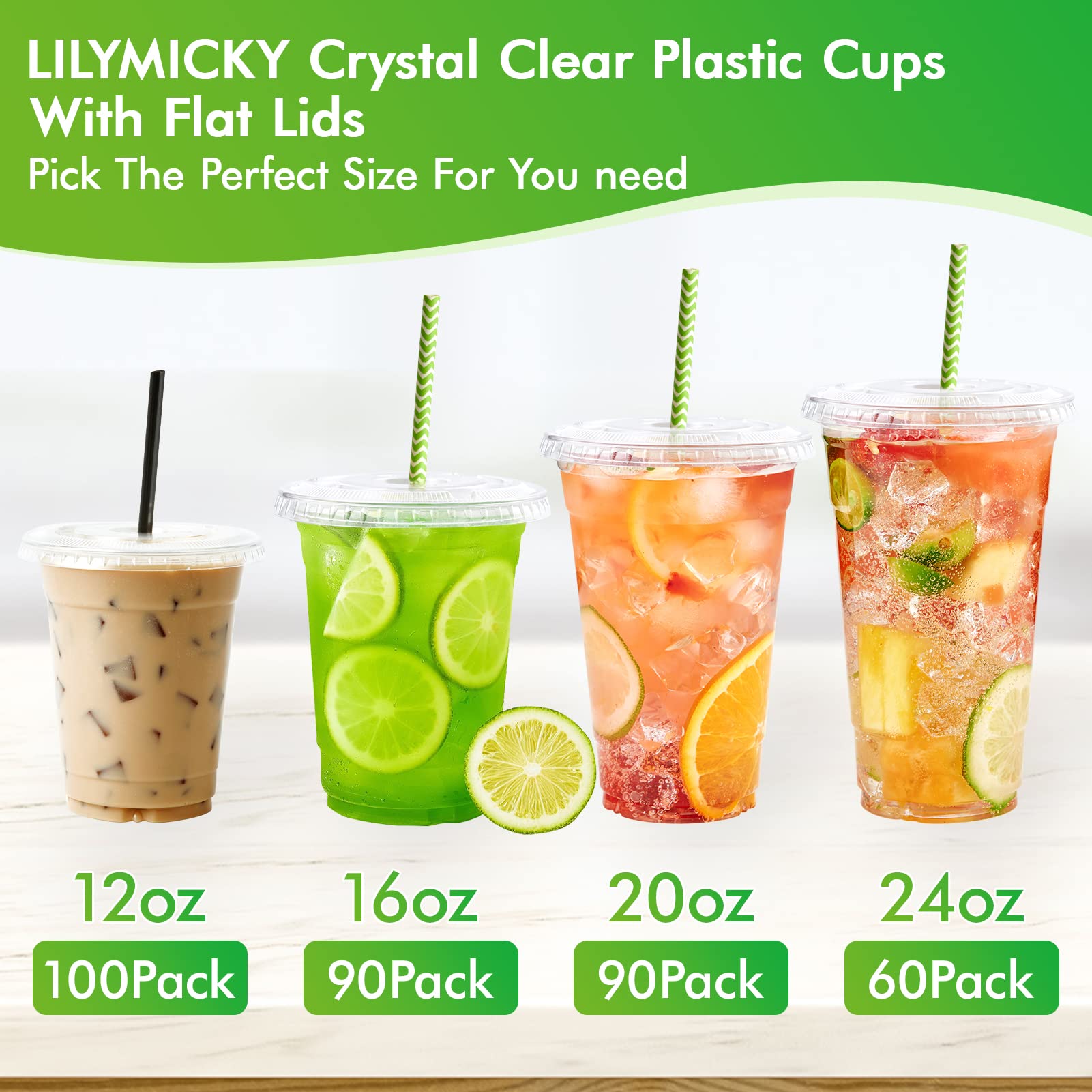 Lilymicky [90 Sets] 20oz Clear Plastic Cups With Flat Lids, Disposable Drinking Cups, 20 oz Plastic Cups for Ice Coffee, Smoothie, Slurpee, or Any Cold Drinks