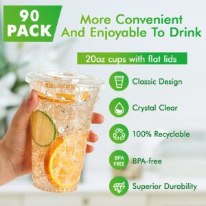 Lilymicky [90 Sets] 20oz Clear Plastic Cups With Flat Lids, Disposable Drinking Cups, 20 oz Plastic Cups for Ice Coffee, Smoothie, Slurpee, or Any Cold Drinks