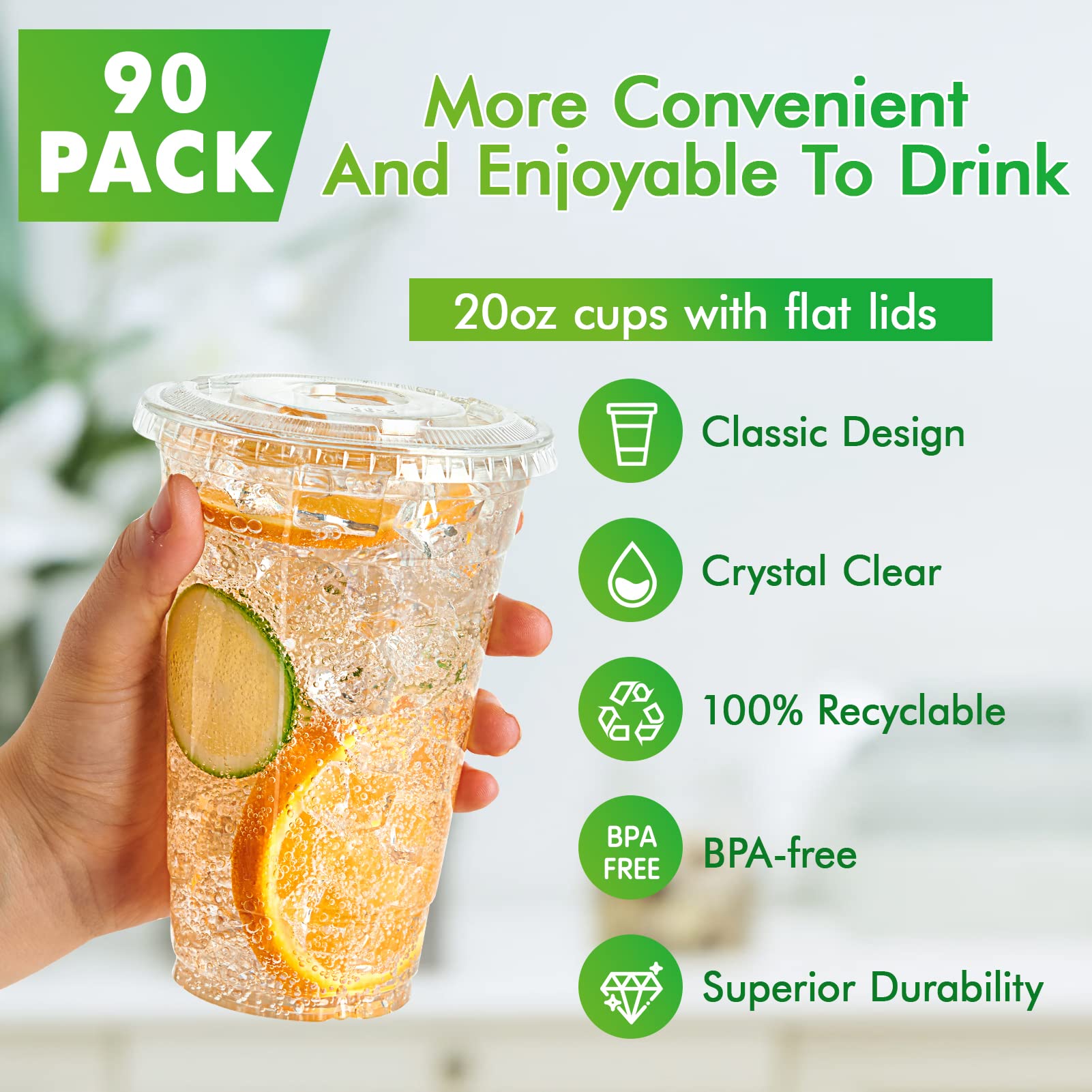 Lilymicky [90 Sets] 20oz Clear Plastic Cups With Flat Lids, Disposable Drinking Cups, 20 oz Plastic Cups for Ice Coffee, Smoothie, Slurpee, or Any Cold Drinks