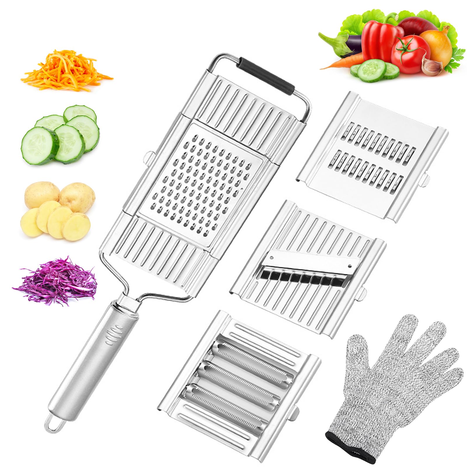 Suuker Vegetable Slicer Set,Stainless Steel Cheese Grater & Vegetable Chopper with 4 adjustable Blades for Vegetables, Fruits,Hand-held Shredder Cutter Grater Slicer