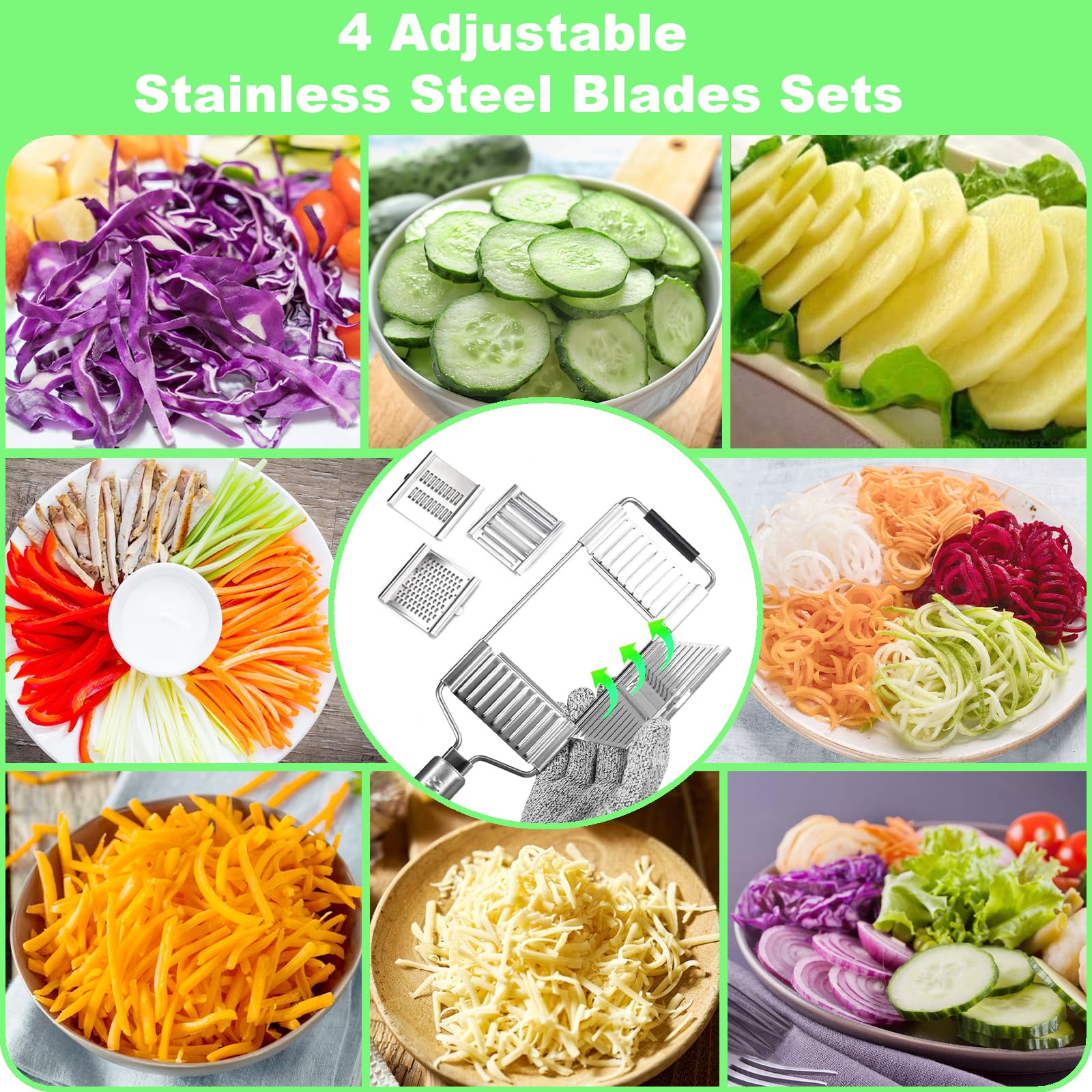 Suuker Vegetable Slicer Set,Stainless Steel Cheese Grater & Vegetable Chopper with 4 adjustable Blades for Vegetables, Fruits,Hand-held Shredder Cutter Grater Slicer