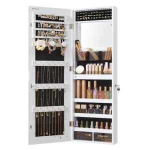 songmics mirror jewelry cabinet armoire organizer, wall or door mount storage cabinet with full-length frameless lighted mirror, built-in makeup mirror, 2 drawers, lockable, white ujjc013w01