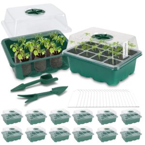 hoxha 12 pack seed starter tray kit, 144 cell indoor seedling starting trays with humidity dome base mini greenhouse plant germination set for seeds growing, 12 pack 12 cell