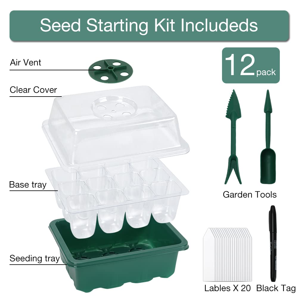 HOXHA 12 Pack Seed Starter Tray Kit, 144 Cell Indoor Seedling Starting Trays with Humidity Dome Base Mini Greenhouse Plant Germination Set for Seeds Growing, 12 Pack 12 Cell