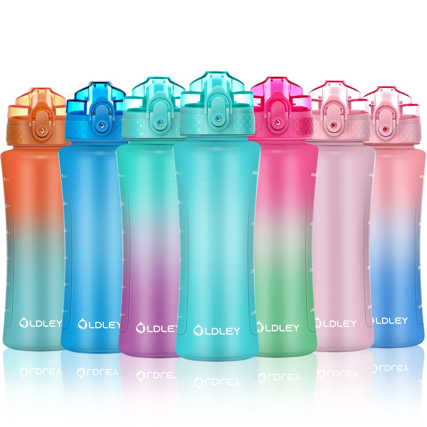 OLDLEY Kids Water Bottle with Straw for School Girls Boys, 15 oz Unbreakable Leak-Proof BPA-Free Motivational Water Bottles with Times to Drink for Travel Sports Gym, 1 Straw Lid, Mint