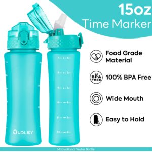 OLDLEY Kids Water Bottle with Straw for School Girls Boys, 15 oz Unbreakable Leak-Proof BPA-Free Motivational Water Bottles with Times to Drink for Travel Sports Gym, 1 Straw Lid, Mint