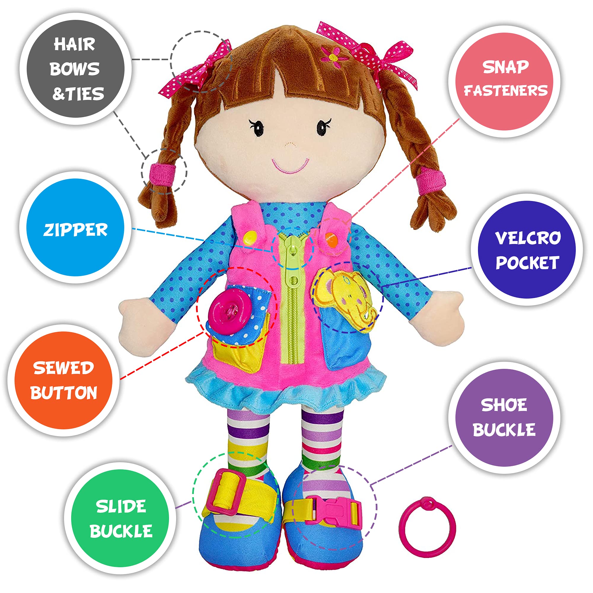 June Garden 15.5" Dressy Friends Belle - Educational Stuffed Plush Doll for Kids and Toddlers 2 Years and Up - Montessori Buckle Soft Toy