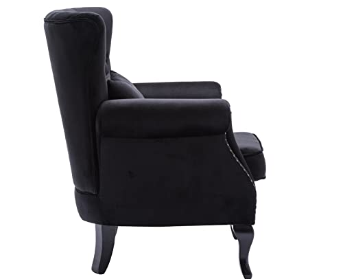 Kmax Velvet Club Chair Tufted Throne Chair Mid Century Accent Wingback Chair Padded Seating Wood Legs Home Club Bedroom Living Room, Black