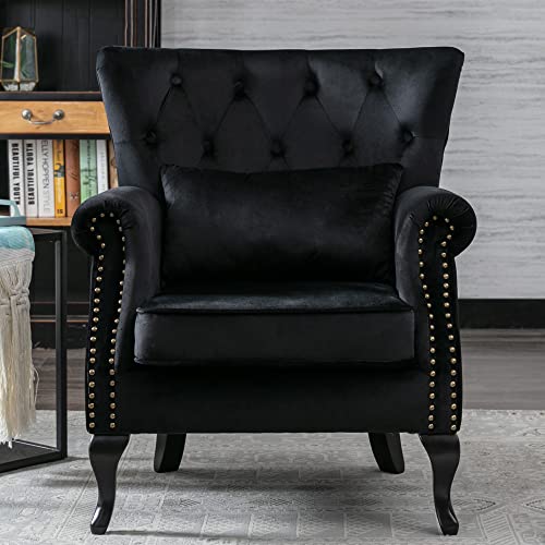 Kmax Velvet Club Chair Tufted Throne Chair Mid Century Accent Wingback Chair Padded Seating Wood Legs Home Club Bedroom Living Room, Black