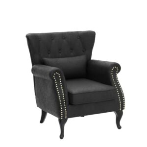 Kmax Velvet Club Chair Tufted Throne Chair Mid Century Accent Wingback Chair Padded Seating Wood Legs Home Club Bedroom Living Room, Black