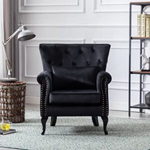 Kmax Velvet Club Chair Tufted Throne Chair Mid Century Accent Wingback Chair Padded Seating Wood Legs Home Club Bedroom Living Room, Black