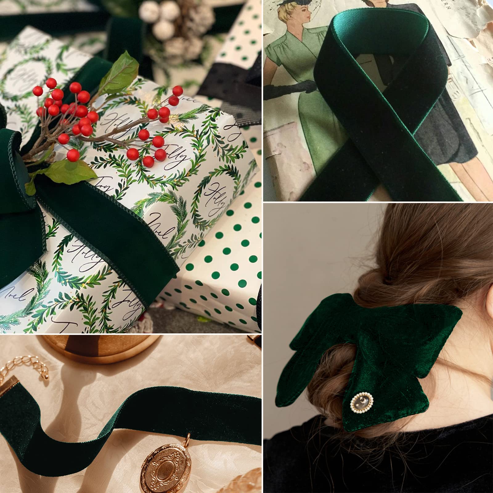 BokingOne Dark Green Velvet Ribbon 1 Inch X 30 Yds Wide Vintage Nylon Velvet Wired Ribbon with Spool for Gift Wrapping Wedding Decorations Home Decor Arts Crafts Projects