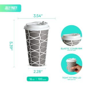 JOLLY PARTY Disposable Coffee Cups with Lids -16 oz (100 Sets) To Go Coffee Cups, Paper Coffee Cups for Beverages Espresso Tea, Suitable for Cafes, Offices and Home