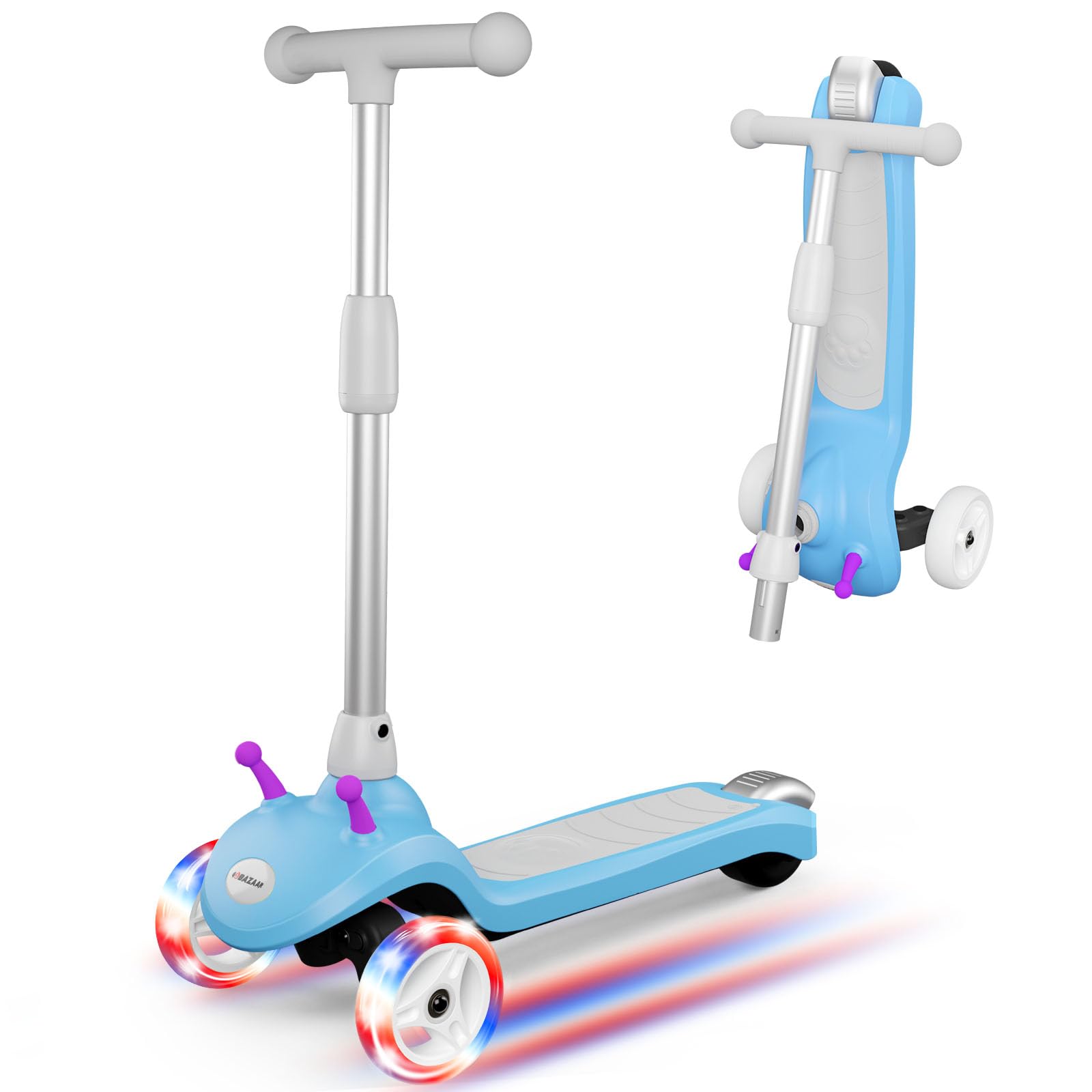 Electric Scooter for Kids Gobazaar, LED Light-up Wheels, 3 Height Adjustable, C-Shaped Handle, Lean-to Steer Design, 3 Wheel Scooter for Kids 2-10Y, Best Children's Gifts