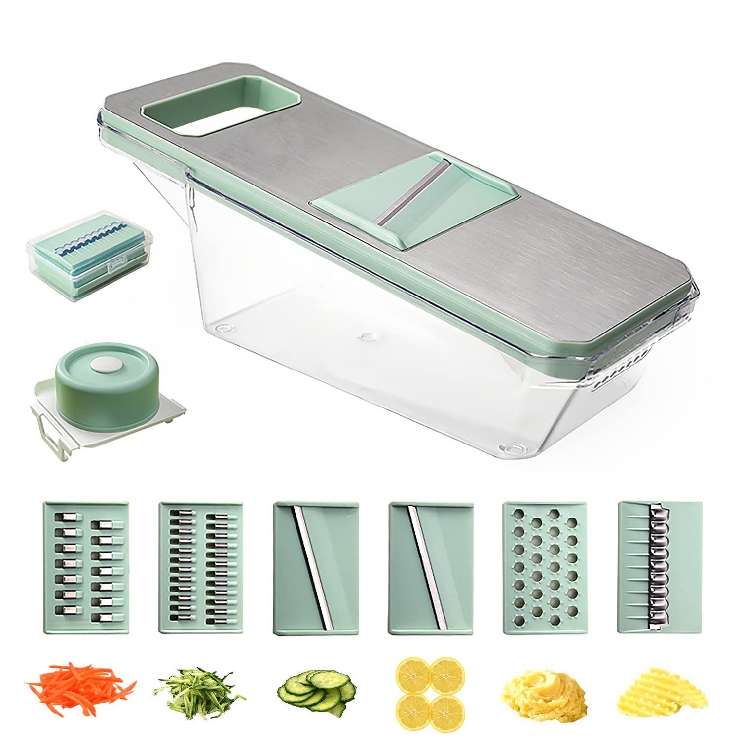 Suuker Mandoline Slicer for Kitchen, Cheese Grater Vegetable Spiralizer and Veggie Slicer for Cooking, Food Slicer, Kitchen Gadgets Organizer Included (6 in 1, Green)