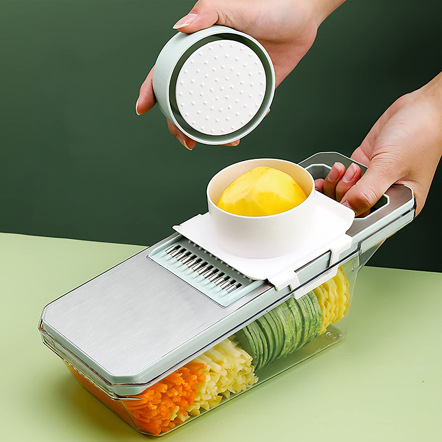 Suuker Mandoline Slicer for Kitchen, Cheese Grater Vegetable Spiralizer and Veggie Slicer for Cooking, Food Slicer, Kitchen Gadgets Organizer Included (6 in 1, Green)