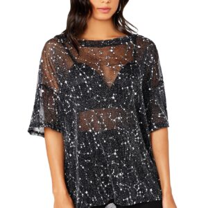 MakeMeChic Women's Summer Short Sleeve Tops See Through Mesh Sheer Sexy T Shirt Blouse Black Galaxy M