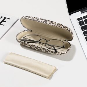 MoKo Hard Shell Eye Glasses Case with Cloth, PU Leather Protective Eyeglasses Cases Storage Organizer Travel for Men Women, Leopard