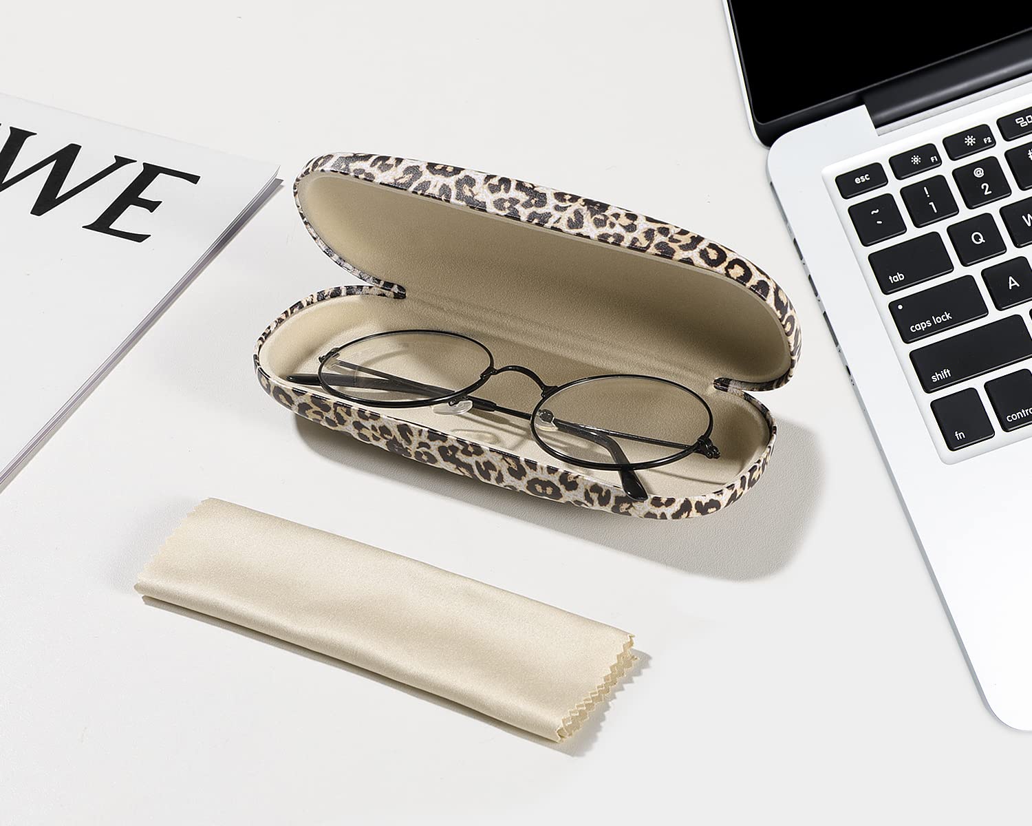 MoKo Hard Shell Eye Glasses Case with Cloth, PU Leather Protective Eyeglasses Cases Storage Organizer Travel for Men Women, Leopard