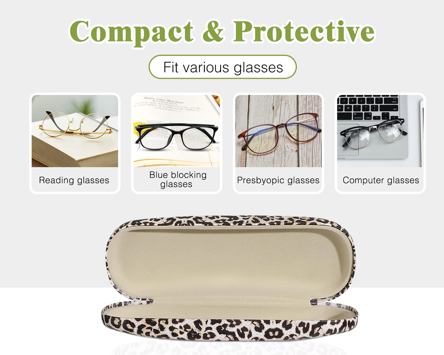 MoKo Hard Shell Eye Glasses Case with Cloth, PU Leather Protective Eyeglasses Cases Storage Organizer Travel for Men Women, Leopard