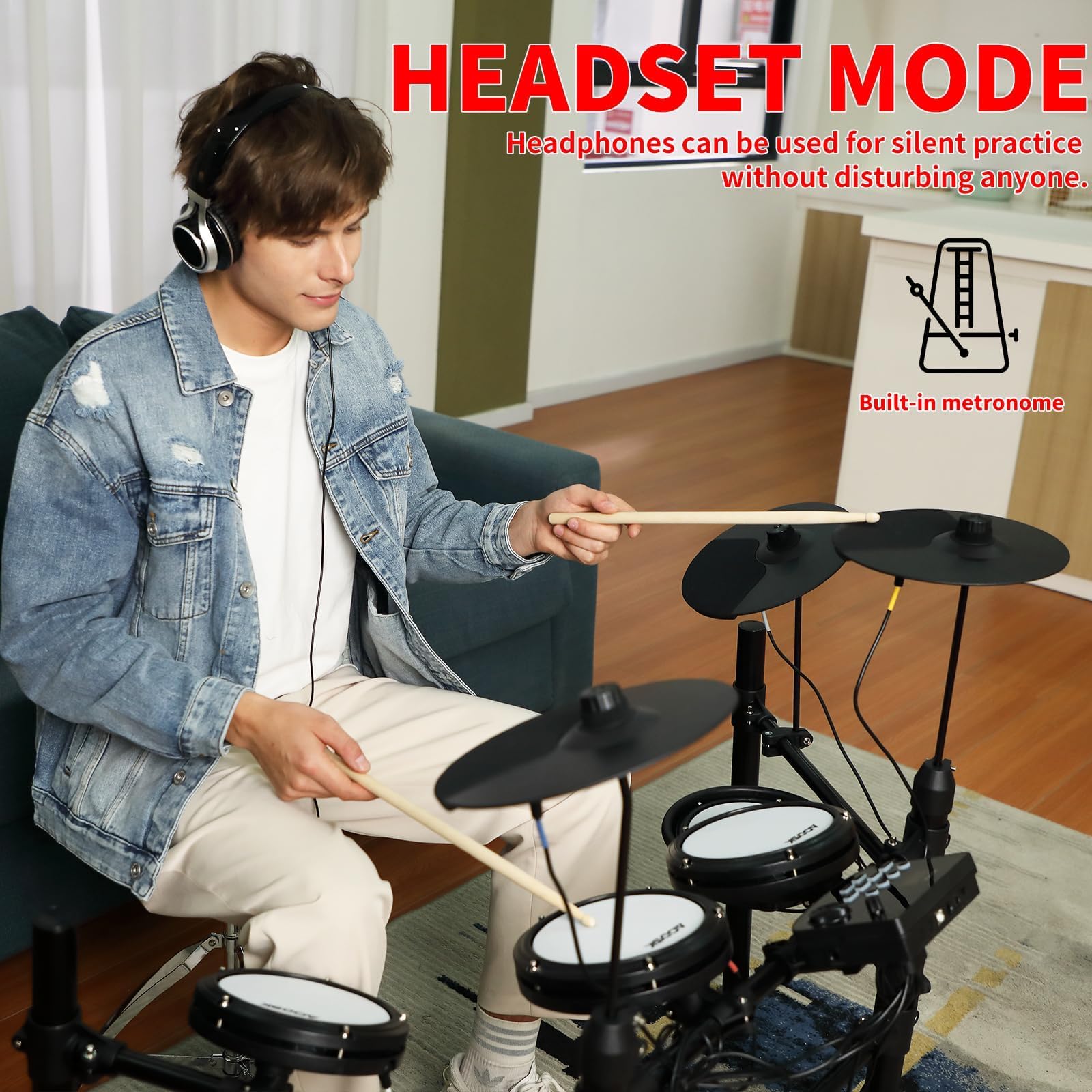 AODSK Electric Drum Set with Quiet Mesh Pads,Electronic Drum for Beginner,USB MIDI,Throne,Headphones,Sticks, Included 15 Kits and 195 Sounds,AED-403