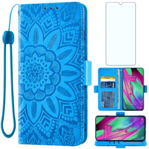 Asuwish Phone Case for Samsung Galaxy A40 with Tempered Glass Screen Protector and Flower Leather Wallet Flip Cover Credit Card Holder Stand Cell Accessories Glaxay A 40 Gaxaly 40A Boys Women Men Blue