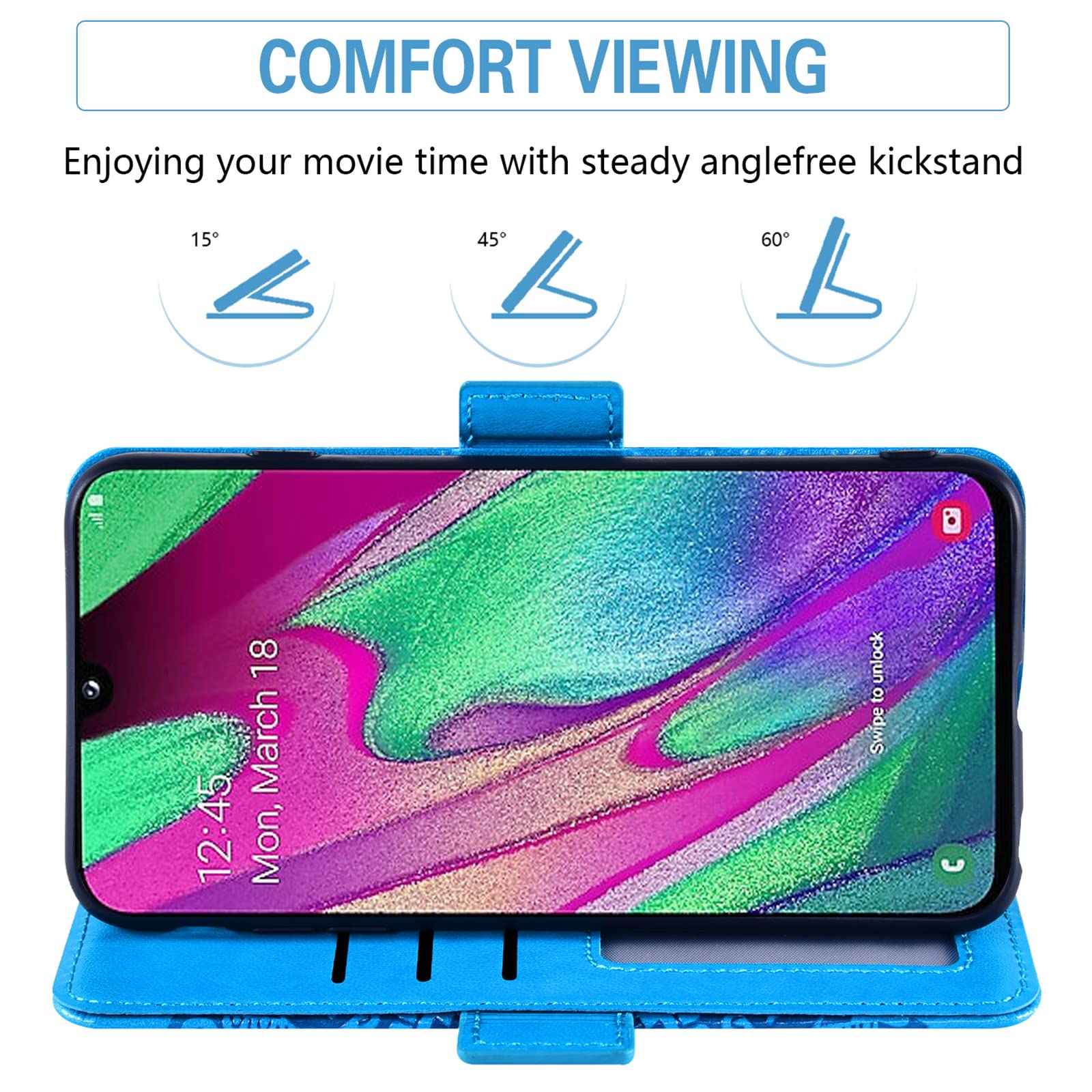 Asuwish Phone Case for Samsung Galaxy A40 with Tempered Glass Screen Protector and Flower Leather Wallet Flip Cover Credit Card Holder Stand Cell Accessories Glaxay A 40 Gaxaly 40A Boys Women Men Blue