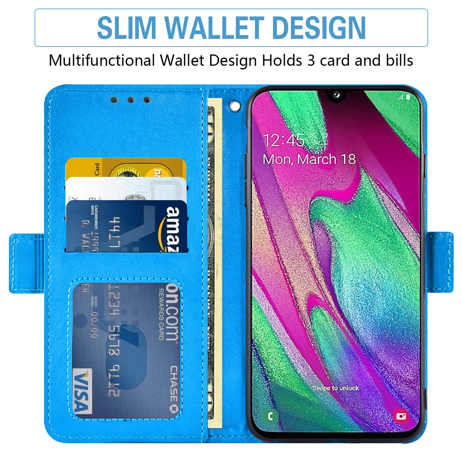 Asuwish Phone Case for Samsung Galaxy A40 with Tempered Glass Screen Protector and Flower Leather Wallet Flip Cover Credit Card Holder Stand Cell Accessories Glaxay A 40 Gaxaly 40A Boys Women Men Blue