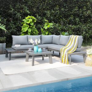 Soleil Jardin 4-Piece Outdoor Patio Furniture Set L-Shaped Aluminum Sectional Sofa with Coffee Table All-Weather Patio Conversation Set with Cushions, Dark-grey