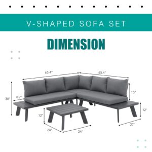 Soleil Jardin 4-Piece Outdoor Patio Furniture Set L-Shaped Aluminum Sectional Sofa with Coffee Table All-Weather Patio Conversation Set with Cushions, Dark-grey