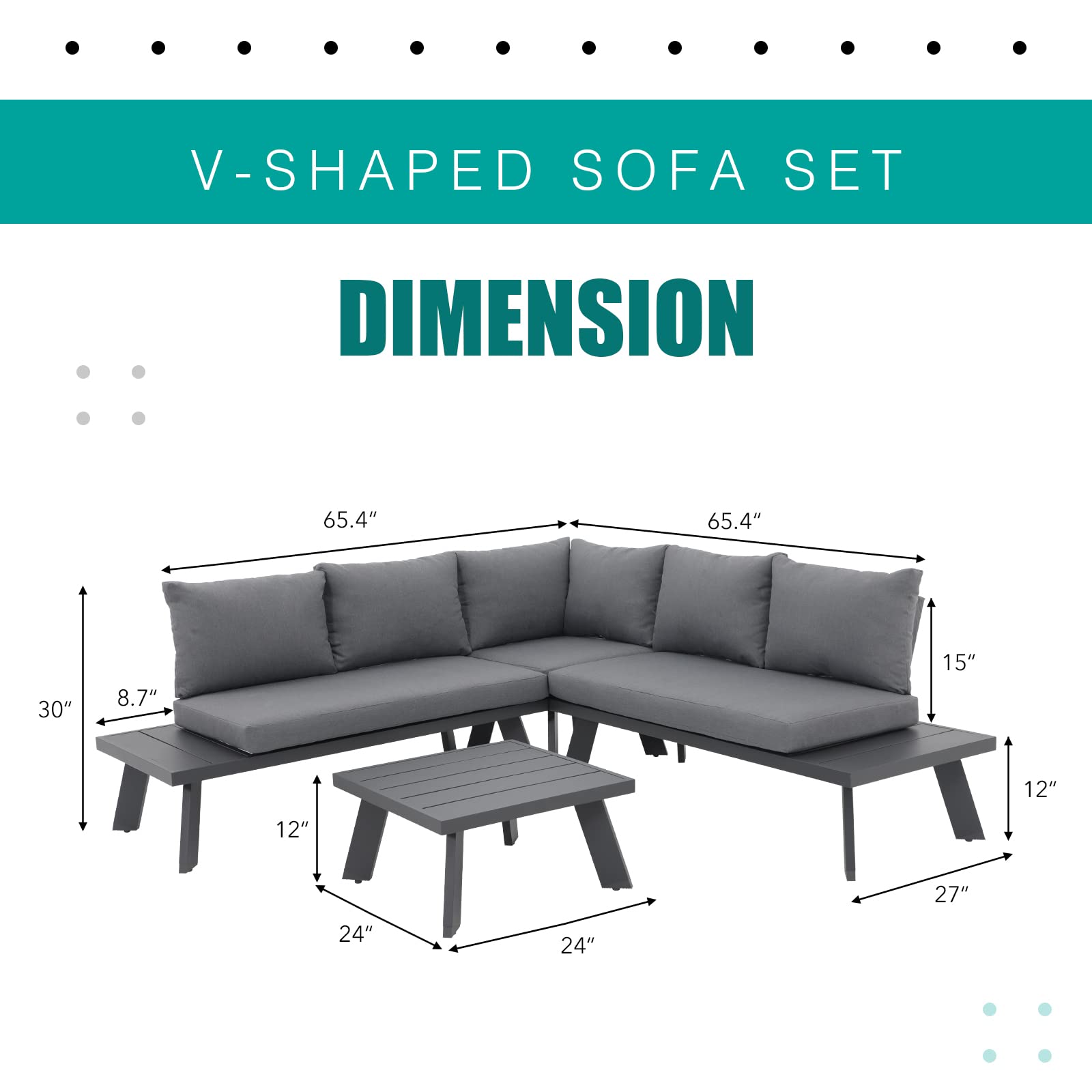 Soleil Jardin 4-Piece Outdoor Patio Furniture Set L-Shaped Aluminum Sectional Sofa with Coffee Table All-Weather Patio Conversation Set with Cushions, Dark-grey