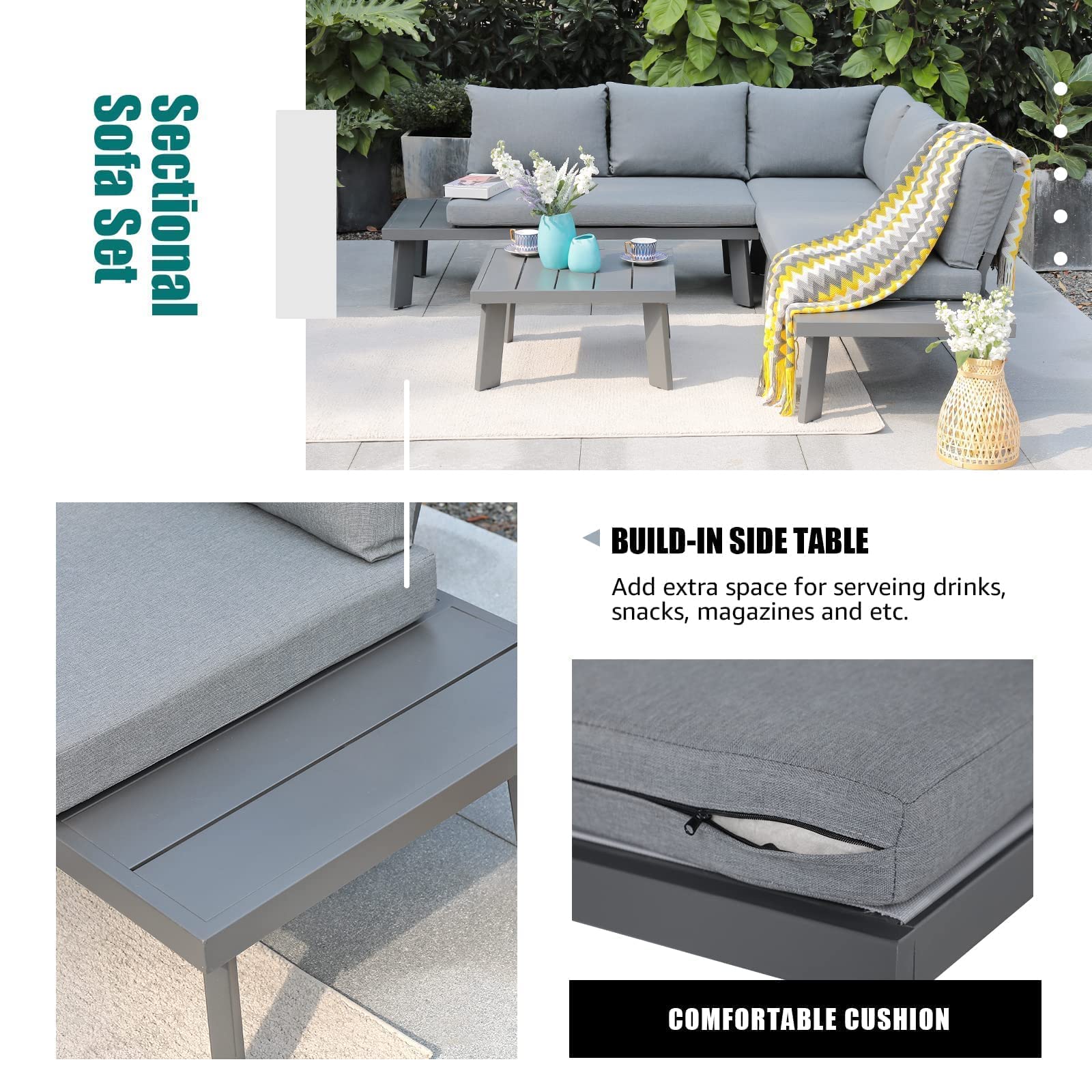 Soleil Jardin 4-Piece Outdoor Patio Furniture Set L-Shaped Aluminum Sectional Sofa with Coffee Table All-Weather Patio Conversation Set with Cushions, Dark-grey