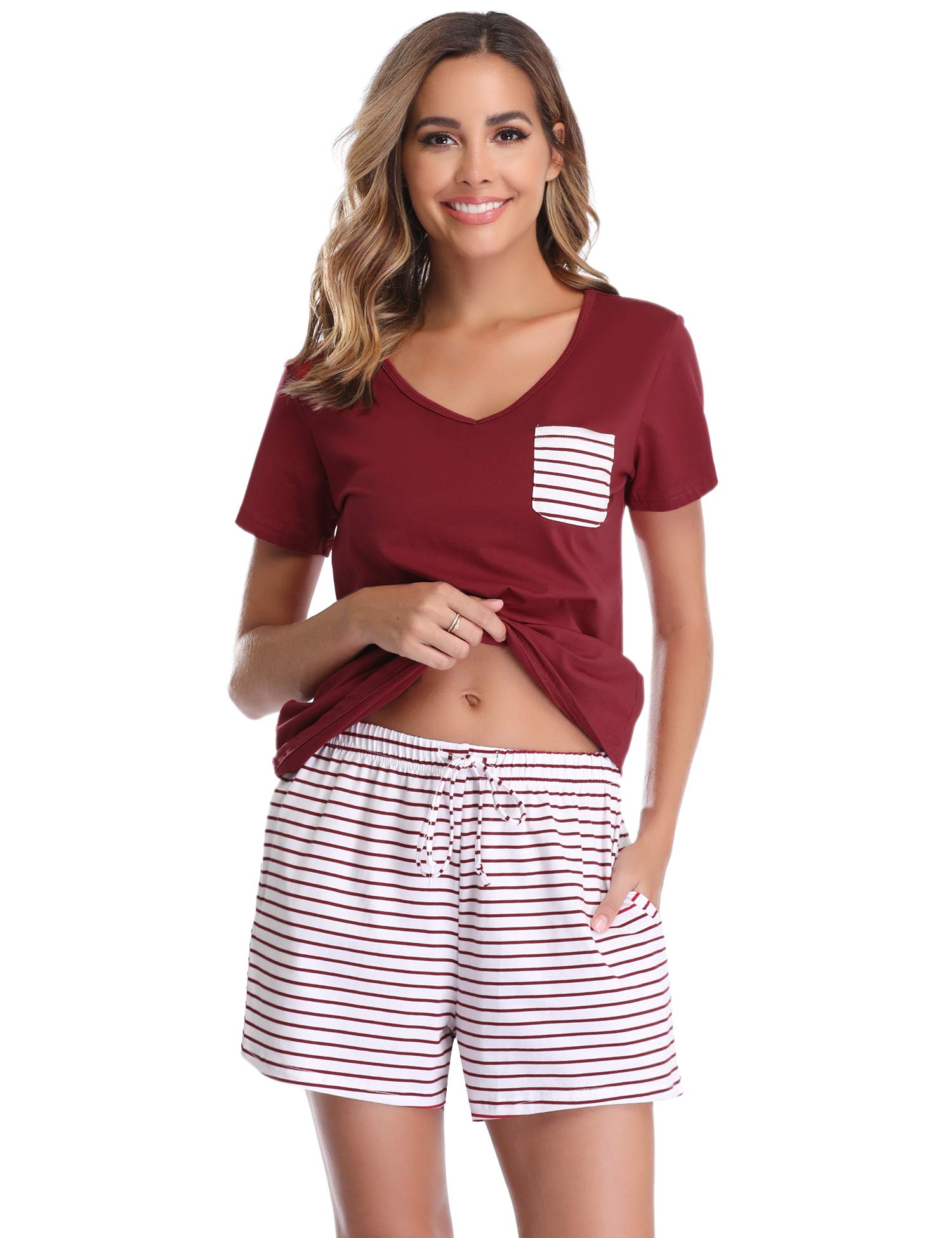 Vlazom Womens Pajama Set Cotton Short Pj Set Summer Stripe Lounge Set for Sleeping Yoga Gym Running Dark Red