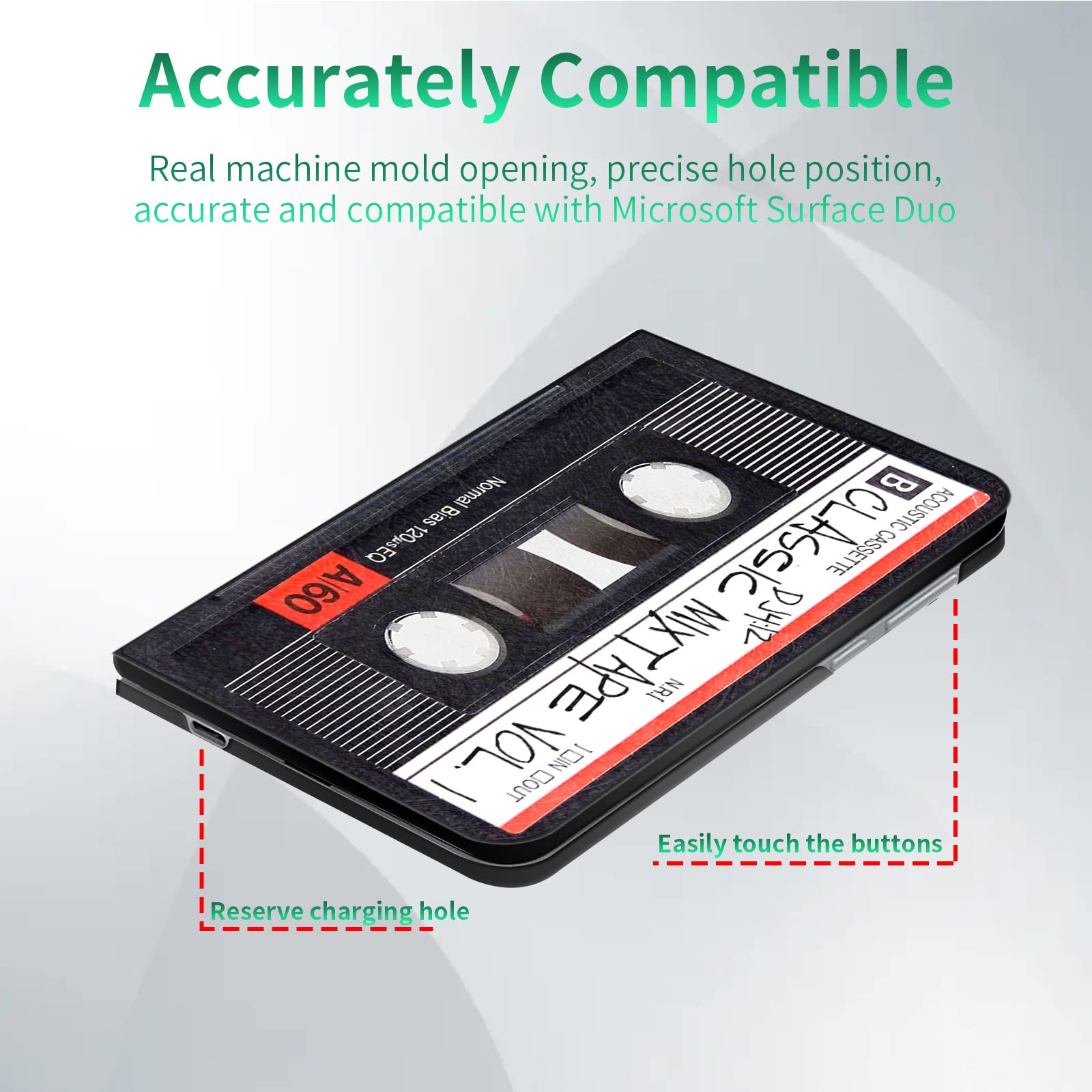 for Microsoft Surface Duo Case 2020, Rossy Ultra Slim Lightweight Hard PC Shookproof Protection Anti-Scratch Phone Case Cover for Microsoft Surface Duo 8.1" 2020, Retro Audio Cassette