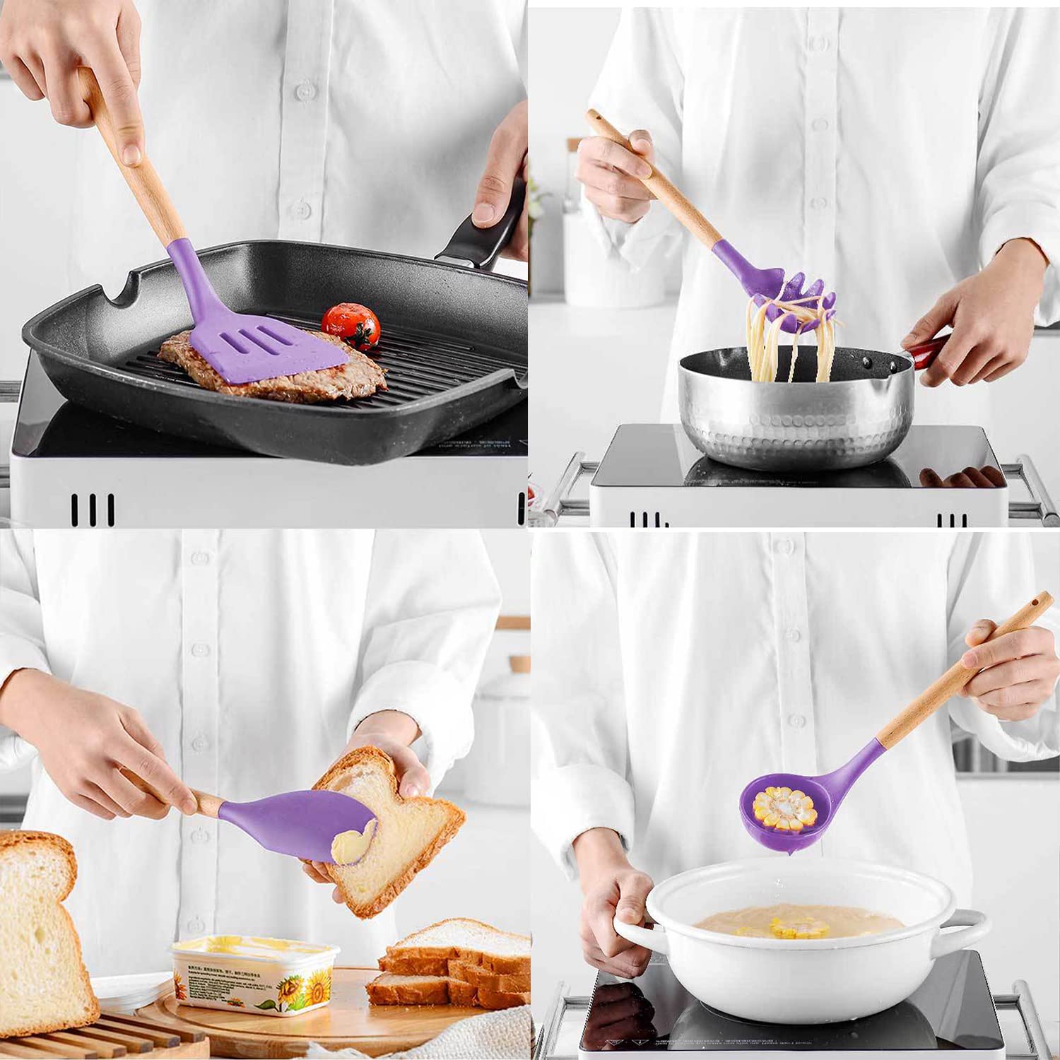 Keidason Kitchen Silicone Cookware Set, 12-piece Kitchen Cookware Non-stick Cookware Is Heat-resistant, BPA-free, Cooking Tools, Stirring Kitchen Tool Set (Purple)