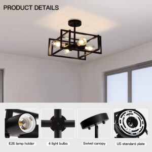 Minyuco Black Ceiling Light Fixtures - 4-Light Industrial Farmhouse Flush Mount Ceiling Lighting,Vintage Metal Chandelier Ceiling Lamp for Kitchen Living Room Bedroom Hallway Laundry Entryway