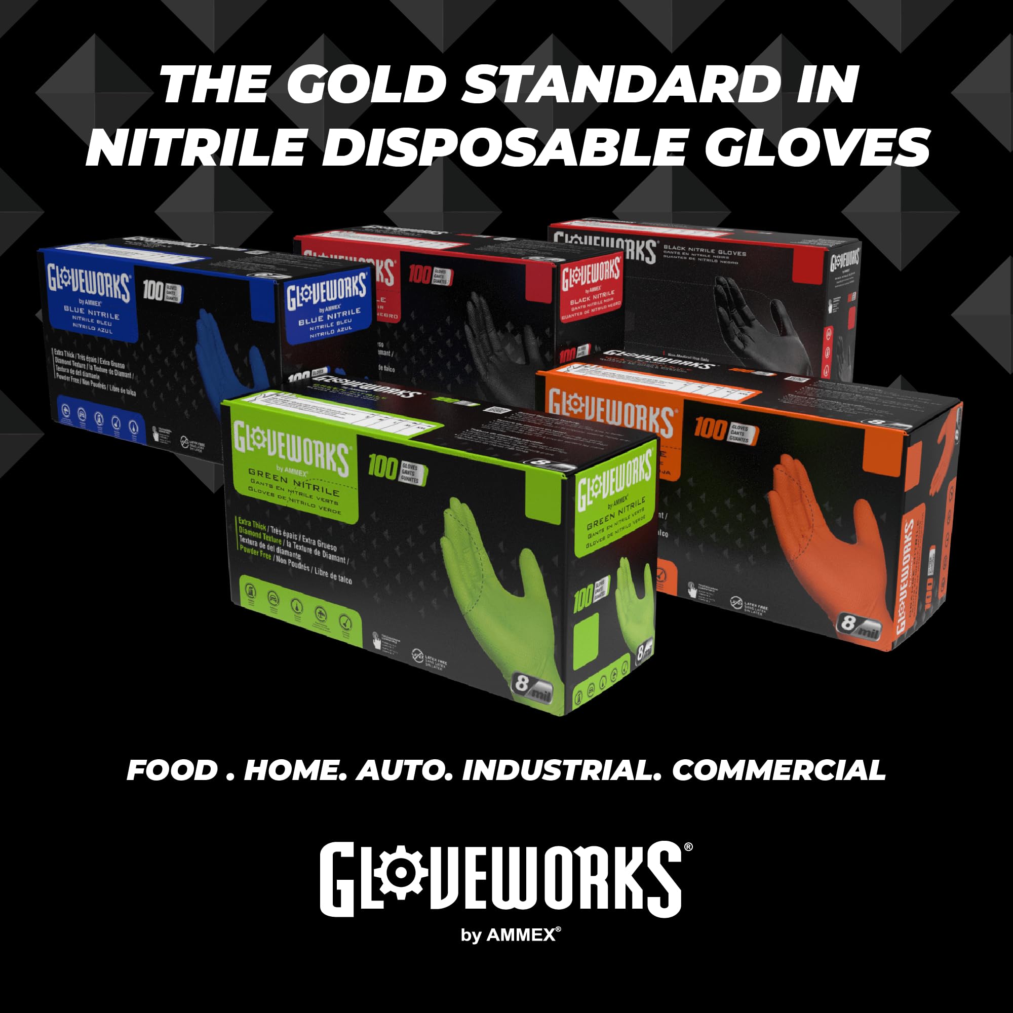 GLOVEWORKS Black Disposable Nitrile Industrial Gloves, 5 Mil, Latex & Powder-Free, Food-Safe, Textured, Large, 2 Boxes of 100