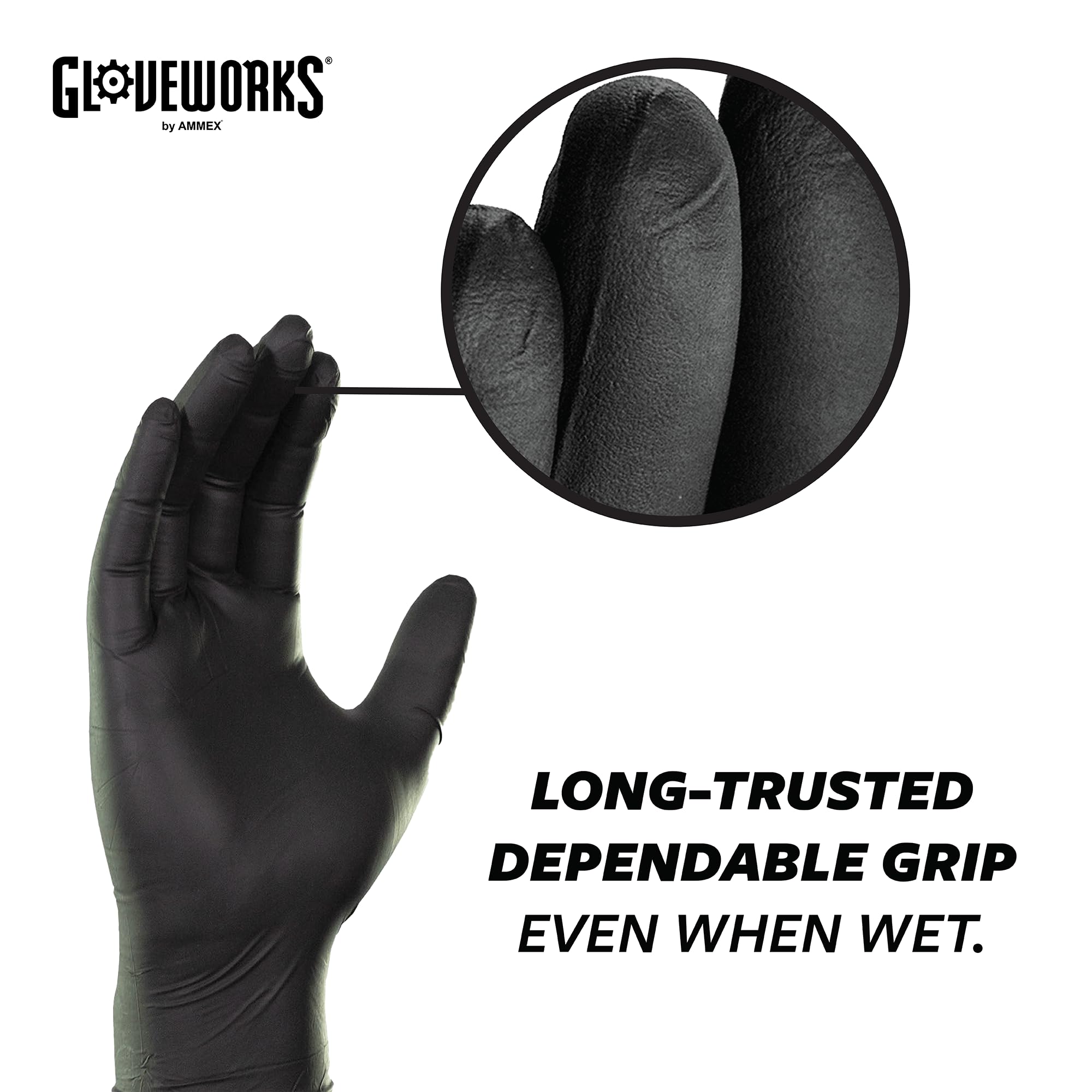 GLOVEWORKS Black Disposable Nitrile Industrial Gloves, 5 Mil, Latex & Powder-Free, Food-Safe, Textured, Large, 2 Boxes of 100