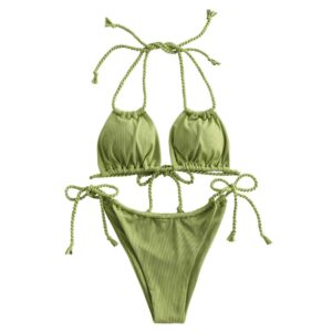 zaful ribbed sexy halter bikini for women multi way bikini sets tie side high cut two piece swimsuit green m