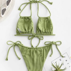 ZAFUL Ribbed Sexy Halter Bikini for Women Multi Way Bikini Sets Tie Side High Cut Two Piece Swimsuit Green M