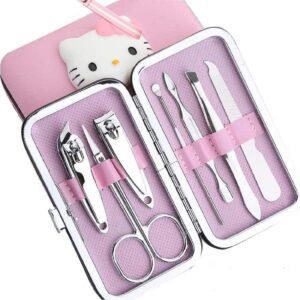 Vnsport Nail Clipper Travel Set, Hello, Kitty 7 in 1 Stainless Steel Professional Nail Cutter Manicure Pedicure & Grooming Kits with Leather Case