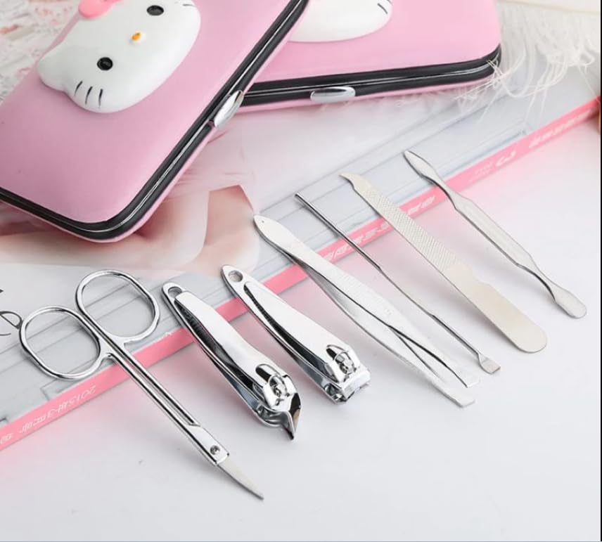 Vnsport Nail Clipper Travel Set, Hello, Kitty 7 in 1 Stainless Steel Professional Nail Cutter Manicure Pedicure & Grooming Kits with Leather Case