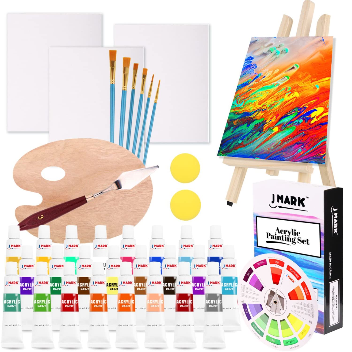 J MARK Canvas and Paint Set – 39 Pcs Set, 24 Acrylic Paints, Canvases, Palette, Table Easel and More