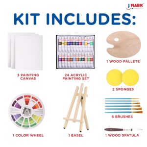 J MARK Canvas and Paint Set – 39 Pcs Set, 24 Acrylic Paints, Canvases, Palette, Table Easel and More