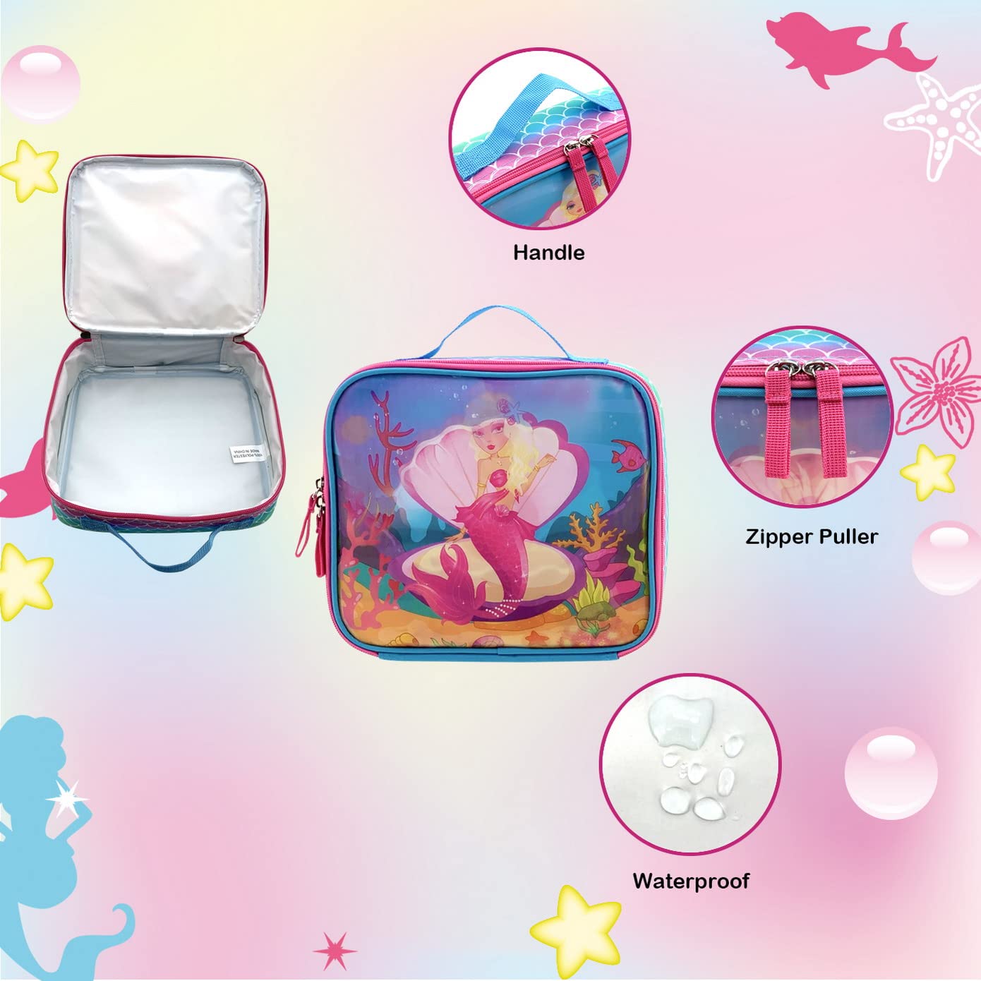 HAPPYSUNNY Mermaid Lunch Box Bag for Girls Kids with 3D Images Changing Pictures Lenticular Hologram Technology Insulated Lunch Bag for Children Preschool Kindergarten and Travel