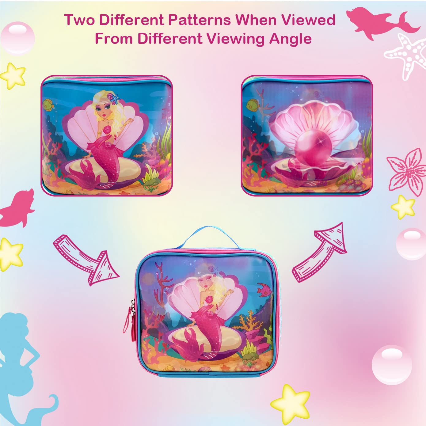 HAPPYSUNNY Mermaid Lunch Box Bag for Girls Kids with 3D Images Changing Pictures Lenticular Hologram Technology Insulated Lunch Bag for Children Preschool Kindergarten and Travel