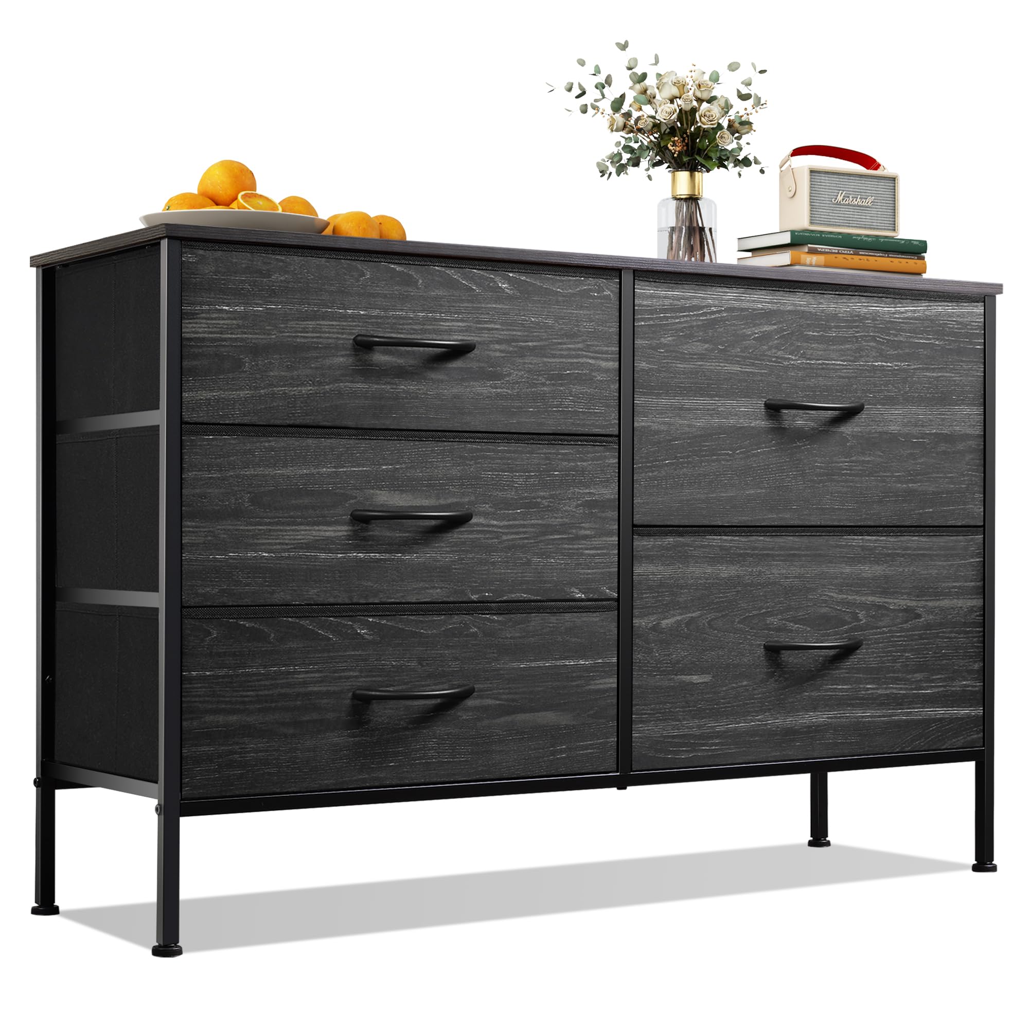 WLIVE Dresser for Bedroom with 5 Drawers, Wide Bedroom Dresser with Drawer Organizers, Chest of Drawers, Fabric Dresser for Living Room, Closet, Hallway, Charcoal Black Wood Grain Print