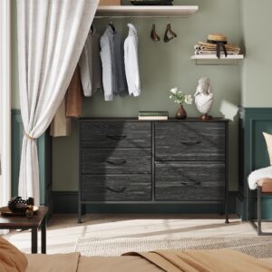 WLIVE Dresser for Bedroom with 5 Drawers, Wide Bedroom Dresser with Drawer Organizers, Chest of Drawers, Fabric Dresser for Living Room, Closet, Hallway, Charcoal Black Wood Grain Print